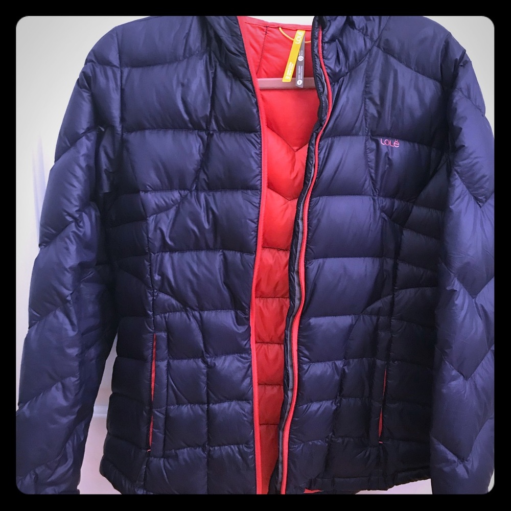 Lole packable down coat. Blue and orange.